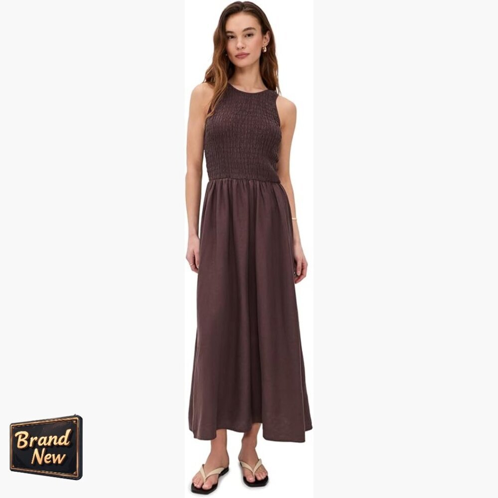 Linen Rayon Maxi Dress Smocked Bodice Sleeveless Casual